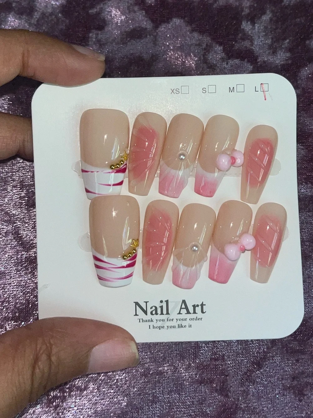 Pink Ombre Floral & Pearl False Nail Set